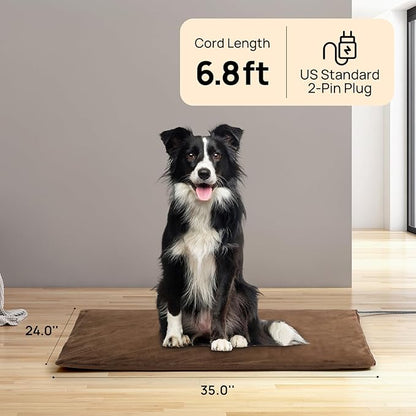 TURBRO 35x24” Large Pet Heating Pad, Electric Heated Dog Bed for Large Breeds, Air Valve Design, Anti-Bite Cord, Ultra-Soft and Anti-Slip Cover, Outdoor and Indoor Use, UL Test Passed, Brown