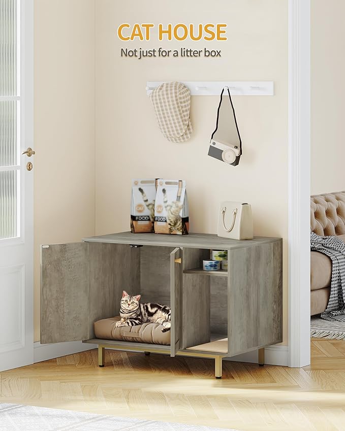 Hzuaneri Cat Litter Box Enclosure Enclosed, Hidden Litter Box Cabinet Furniture with Storage, Wooden Indoor Cat House Large, Modern End Table for Living Room Entryway, Greige and Gold CB01505G
