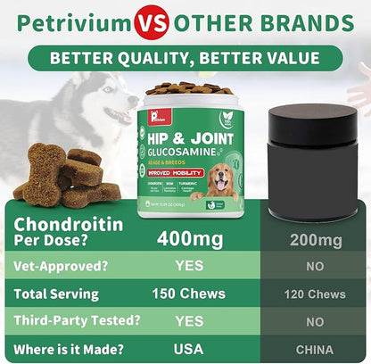 Hip and Joint Supplement for Dogs, Glucosamine Treats Chews with Chondroitin, MSM, Turmeric - Support Joint Pain Relief, Mobility, Reduce Occasional Discomfort, Fit All Ages and Breeds, 150 Soft Chew