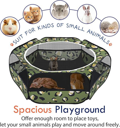 Pawaboo Small Animals Playpen, Waterproof Small Pet Cage Tent with Zippered Cover, Portable Outdoor Yard Fence with 3 Metal Rod for Chick/Kitten/Puppy/Guinea Pig/Rabbits/Hamster, Leopard Print
