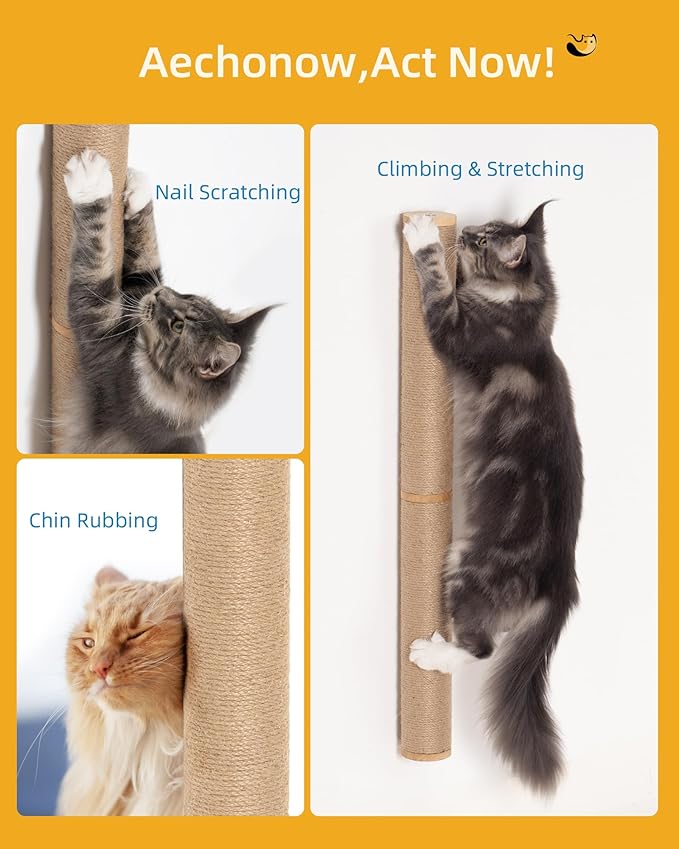 Aechonow 68" Wall Mounted Cat Scratcher, 2-Pcs of 34inch Tall Sisal Scratching Posts, Wall Mounted Cat Pole for Indoor Large Adult Cats Climb Stretch Play, Wooden
