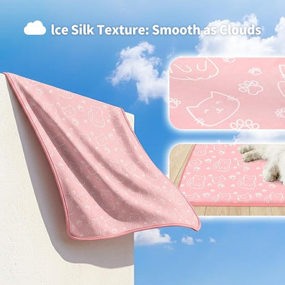 NWK Pack of 4 Pet Cooling Mat for Large Dogs -Q-Max>0.345 Ice Silk Cooling Mat for Dogs & Cats Portable & Washable Pet Cooling Blanket for Summer (4pcs, Pink Cat, 39'' X 27'' X 0.3'')