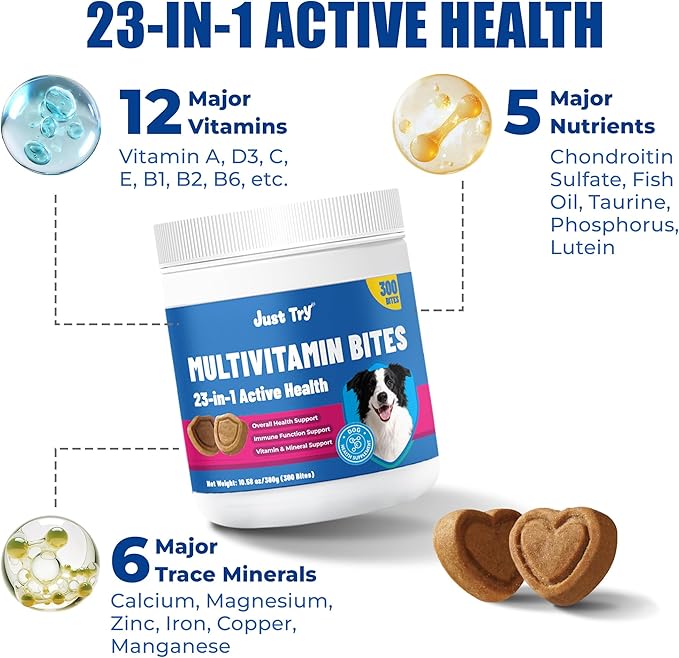 Just Try 300 Bites Multivitamin 23-in-1 for Dogs with Chondroitin Sulfate, Omega-3, Joint and Skin Support, 300g