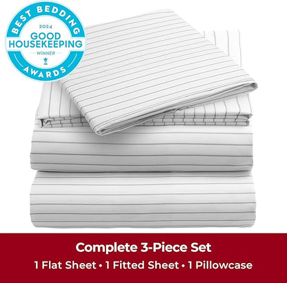Mellanni Twin Sheets Set - 3 PC Iconic Collection Bedding - Hotel Luxury, Extra Soft, Cooling Bed Sheets - Wrinkle, Fade, Stain Resistant (Twin, Pinstripe Gray)