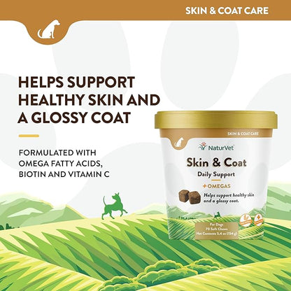NaturVet Skin and Coat Plus Breath Aid for Dogs, 70 ct Soft Chews, Made in The USA with Globally Source Ingredients