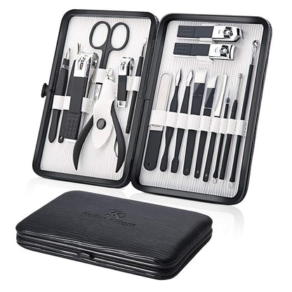 Professional Stainless Steel Nail Clipper Travel & Grooming Kit Nail Tools Manicure & Pedicure Set of 18pcs with Luxurious Case (Black/White)