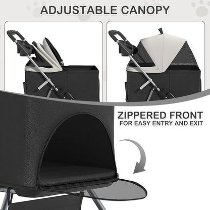 MoNiBloom 3 in 1 Foldable Pet Stroller for Small & Medium Dogs, Detachable Carrier, Car Seat, Push Button Entry, 4-Wheel Jogger for Pets up to 33 lbs, Black