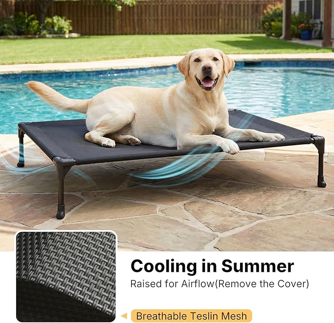Veehoo Elevated Dog Bed with Waterproof Cushion Mat, Cooling Raised Dog Beds with Padded Top, Washable Outdoor Dog Bed, Orthopedic Pet Cot for Indoor & Outdoor, Large Dog Bed 42" x 30", Dark Grey