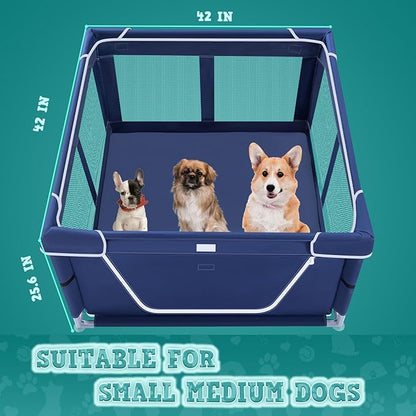 XVISHX 42x42 Inch Puppy Playpen with Cover, Dog Playpen for Puppies or Small Dogs, Pet Fence for Indoor & Outdoor, Sturdy Safety DogPen with Thickened Fabric, High-Strength Nylon Wire Mesh, Blue