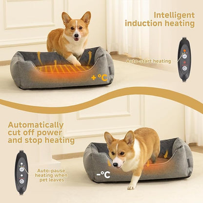 Heated Dog Bed with Auto Sensing Heated pad, 3-Temperature Settings & Chew-Resistant Cord - 33x25 Inch Luxury Sofa-Style Heated Pad for Large Dogs