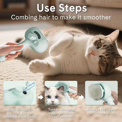 Pet Steam Brush for Dogs & Cats - 2-in-1 Deshedding & Detangling Tool with Steam Spray, Anti-Static Grooming Brush for Long/Short Haired Pets, Waterless Cleaning & Massage(Green)