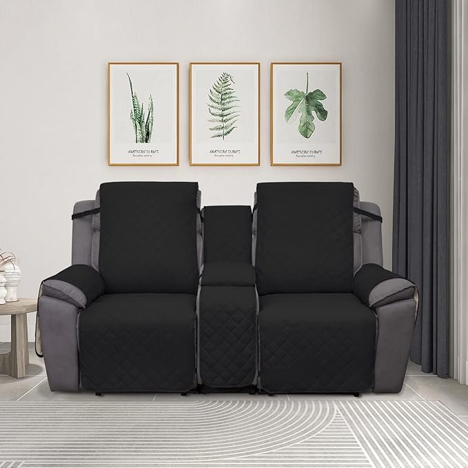 PureFit Water Resistant Reversible Loveseat Recliner Cover - Non Slip Furniture Protector for 2 Seat Recliner, Black/Beige