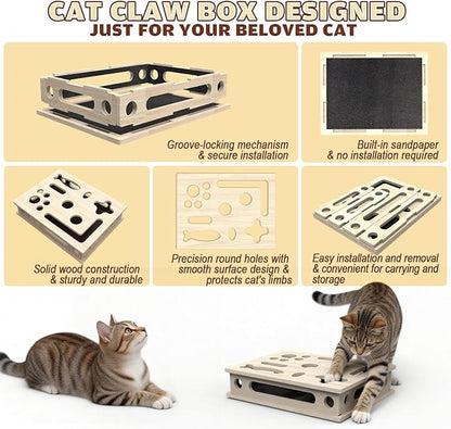 Cat Scratch Puzzle Enrichment Box, Solid Wood Construction Cat Nail File Enrichment Box with Sandpaper Inside, Cat Nail File Box Stress Free Alternative to Clippers and Grinders(No Bell Ball)