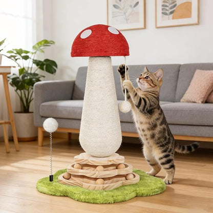 Mushroom Cat Scratching Post Cat Tree, Cute Cat Scratcher Tower with Interactive Ball Two-Layer Track Spring Ball Toys, Mushroom Scratch Post Cat Sisal Scratcher with Catnip for Indoor Cats
