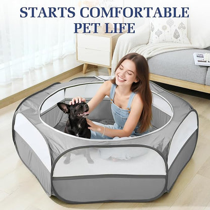2-in-1 Small Animals Playpen with Pad, Waterproof Small Pet Cage Tent with Reusable Pad, Portable Outdoor Yard Fence with 3 Metal Rod for Chick/Kitten/Puppy/Guinea Pig/Rabbits/Chinchillas, Gray+Gray