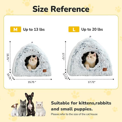 CATISM Cat Beds for Indoor Cats 2 in 1 Cat Bed Cave Machine Washable Fluffy Cat Cave Bed Foldable Non-Slip Washable Cushioned Pillow Soft Plush Premium Cotton Pet Bed for Kittens and Small Dogs Gray L