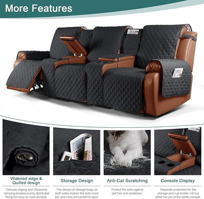 Ruaozz Waterproof Recliner Sofa Cover with Console Non-Slip Couch Covers for Reclining Couches Pet Cover for Double Recliner Sofa Cover with Elastic Straps for Kid Dogs Pets (Black, 3 Seater)
