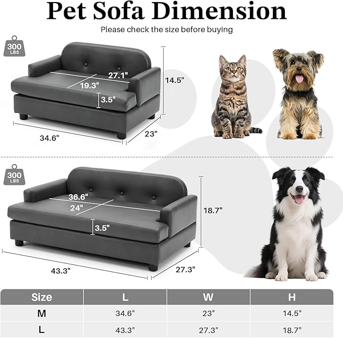 Luxury Dog Sofa Bed Elevated Pet Couch with Durable Waterproof Leather & Orthopedic Sponge - Modern Furniture Style Dog Lounge & Pet Bedside Step for Small/Medium Dogs/Cats, Gray