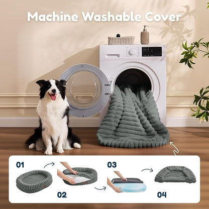 ChiXnuggle Dog Bed Medium Sized Dog - Luxury Striped Faux Fur Waterproof Pet Couch with Removable Washable Cover, Orthopedic Pet Bed with Bolster Sides for Sleeping, Grey