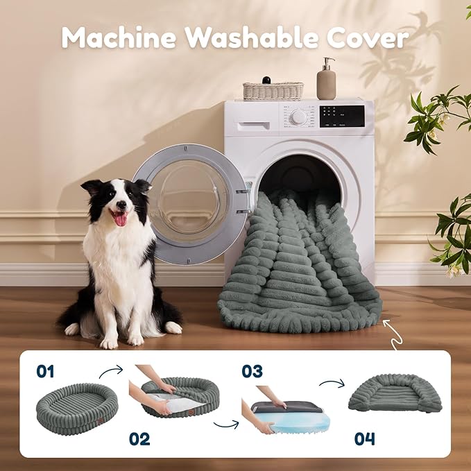 ChiXnuggle Dog Bed Large Sized Dog - Luxury Striped Faux Fur Waterproof Pet Couch with Removable Washable Cover, Orthopedic Pet Bed with Bolster Sides for Sleeping, Grey