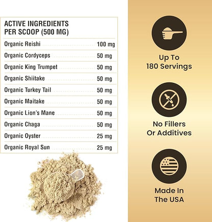 Mushroom Powder for Dogs & Cats - Organic Mushroom Complex for Immune Support, Cognition, Vitality - Ten Mushroom Supplement with Turkey Tail, Lion's Mane, Reishi - 180 Scoops