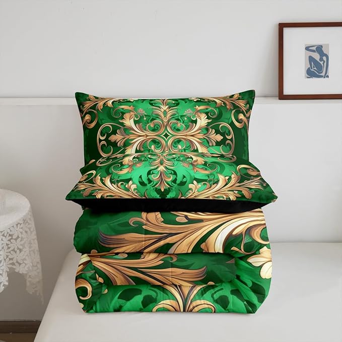 Erosebridal Golden Damask Queen Comforter Set, Vintage Florals Exotic Soft Bed Set for Kids Boys Girls, Aztec Boho Waterproof Paisley Duvet Insert for Bedroom, Bohemian Retro Hippie Down Comforter