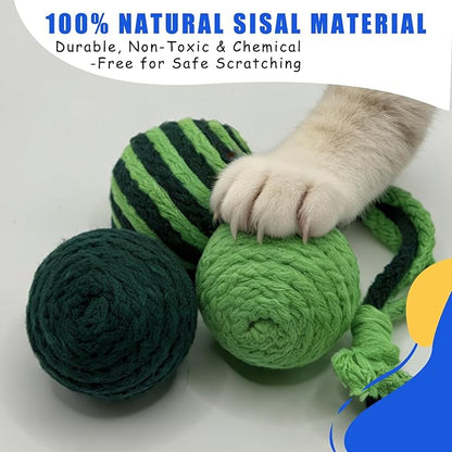 Hanging Cat Toy for Indoor Cats - Durable Sisal Cat Chew Rope Balls with Squeaker for Cat Tree - Teething Kitten & Best Cat Toys for Bored Indoor Adult Cats