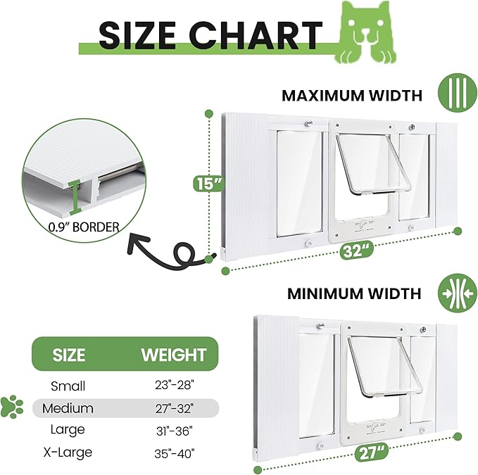 Full-Size Window Pet Door for Cats & Small Dogs, Fits 28"-32" Width Windows, No Damage Cat Door for Window, Lockable Window Mount Cat Door, Weatherproof Cat Door Window Insert Horizontal
