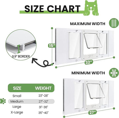 Full-Size Window Pet Door for Cats & Small Dogs, Fits 28"-32" Width Windows, No Damage Cat Door for Window, Lockable Window Mount Cat Door, Weatherproof Cat Door Window Insert Horizontal