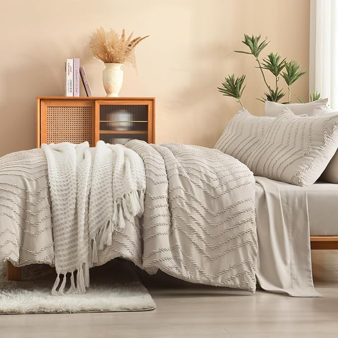 Litanika Twin Comforter Set with Sheets Oatmeal - 5 Pieces Boho Tufted Shabby Chic Bed in a Bag, Fluffy Soft Farmhouse Bed Set for All Seasons