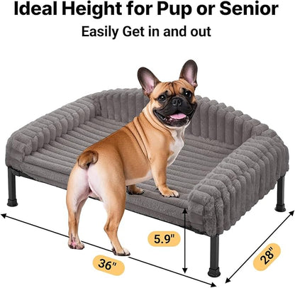 Veehoo Elevated Dog Bed with Bolster Cushion, Fluffy Plush Dog Couch Beds for Small Dogs, Cats, Washable Raised Pet Cot with Non-Slip Feet for Indoor or Patios Use, 36 x 28 Inches, Grey