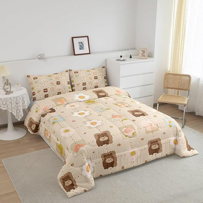 Erosebridal Woodland Animal Wildlife Comforter Set King Grid Checkered Bedding Sets, Light Brown Duvet Insert Flower, Colorful Flower Floral Quilt Set Kid Microfiber Cartoon Bedroom Décorative 3Piece