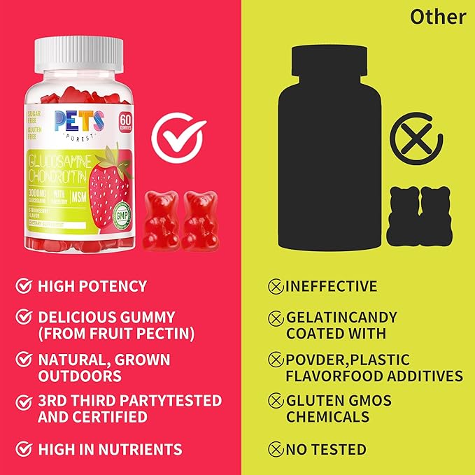 Pets Purest Glucosamine Chondroitin Gummies with MSM & Elderberry Extra Strength - Joint Support, Antioxidant Immune Support Supplement for Adults, Men & Women.Strawberry