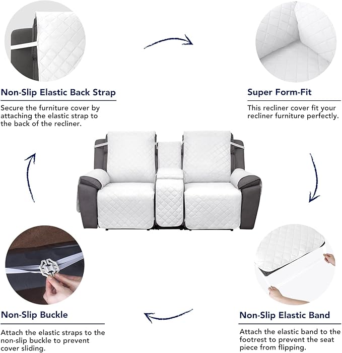 PureFit Water Resistant Reversible Loveseat Recliner Couch Cover for Double Recliner with Console – Non Slip Split Sofa Cover, Washable Reclining Cover for 2 Seat Recliner (2 Seat, White/White)