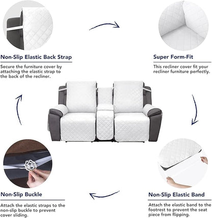 PureFit Water Resistant Reversible Loveseat Recliner Couch Cover for Double Recliner with Console – Non Slip Split Sofa Cover, Washable Reclining Cover for 2 Seat Recliner (2 Seat, White/White)