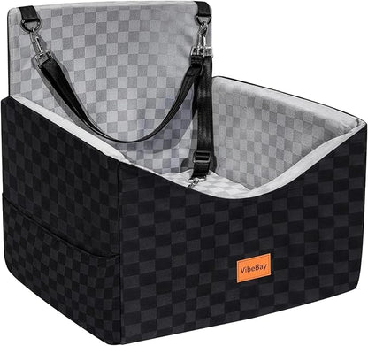 Dog Car Seat Booster for Small Medium Dogs up to 35 lbs - Elevated Memory Foam Pet Booster Seat with Detachable Washable Cover, Safety Tether, Storage Pockets (Grey, Medium)