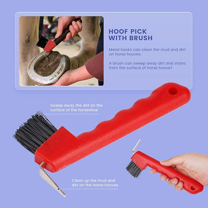 Horse Grooming Kit, Horse Brushes for Grooming 10pcs Horse Cleaning Tool Set with Tote Bag, Sweat Scraper, Curry Comb, Brush, Hoof Pick, Livestock Bathing Supplies Equine Care Supplies