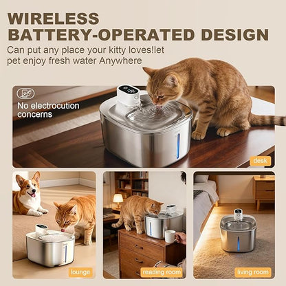 Wireless Cat Water Fountain Stainless Steel,4.5L Cordless Pet Fountains for Dringking,4000mah Battery Operated Cat Water Pountain,Automatic Dog Dispenser w Pen Cat Toys