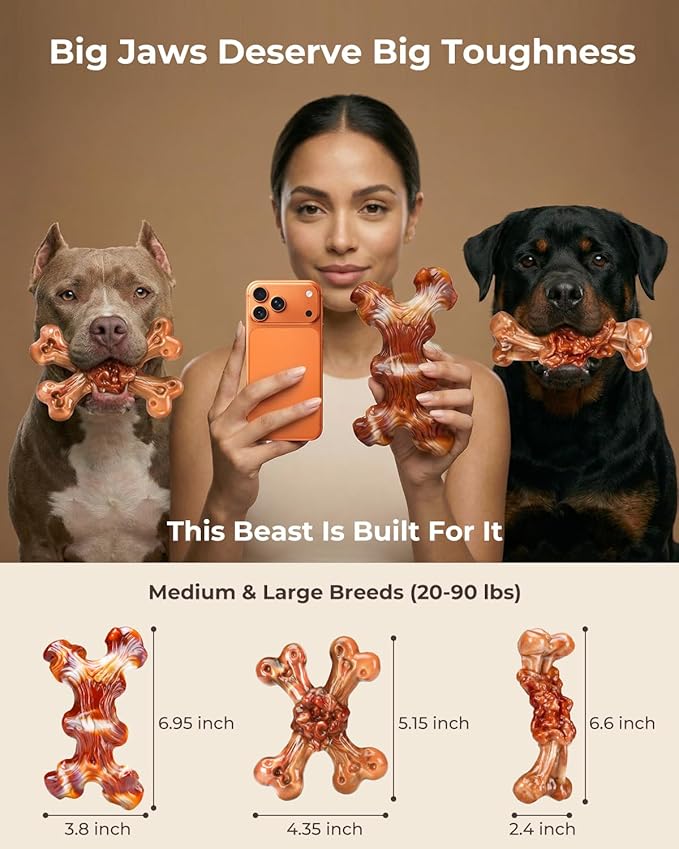 3 Pack Indestructible Dog Toys for Aggressive Chewers, Bacon Flavored Nylon Chew Bones, Tough Durable for Large Dogs 20-90 lbs