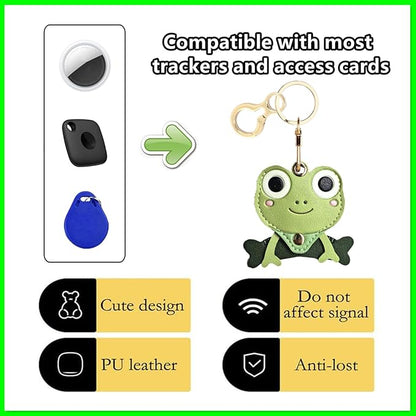 Leather Keychain Holder Case Compatible with AirTag,Cute Protective Cover with Keyring,Anti-Scratch Finder GPS Tracker Case for Wallet Keys,Bag,Pets,Backpack(Frog Green)