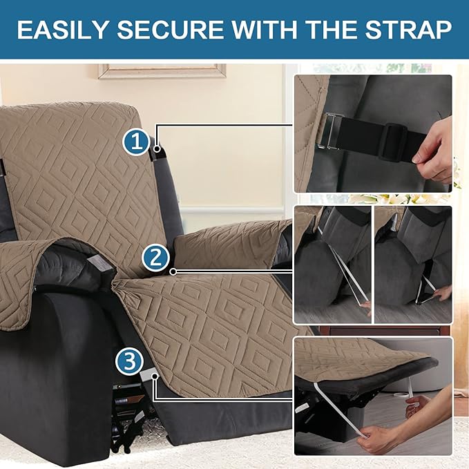 H.VERSAILTEX Reversible Quilted Recliner Covers Water Resistant Furniture Protector for Reclienr Chair with Elastic Straps for Pets Kids Sitting Width Up to 28"(Oversized Recliner, Taupe Brown/Beige)
