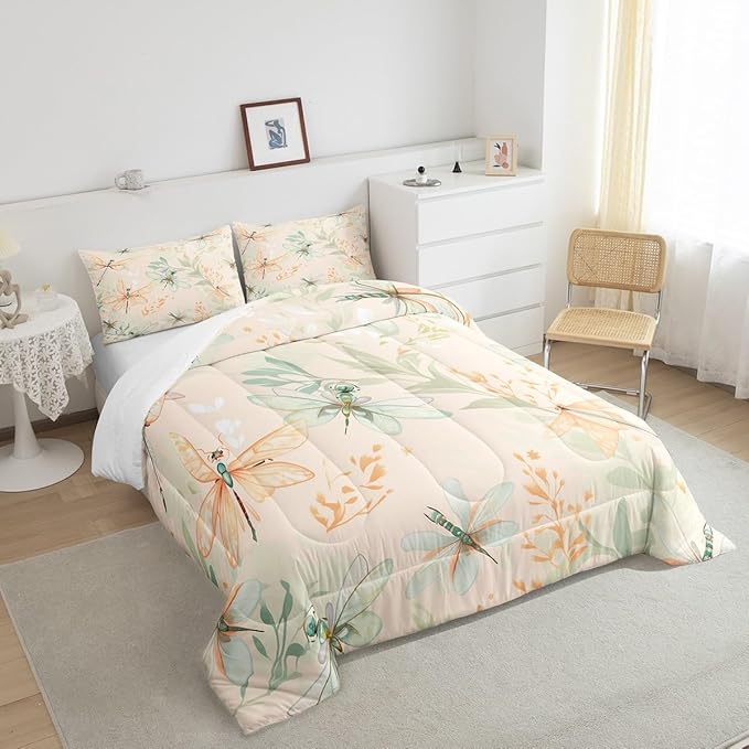 Erosebridal Dragonfly Comforter Set King Animal Bedding Sets Plants Bedding Set Spring Duvet Set,Beige Quilted Duvet Butterfly Girls Women Breathable Bedroom Décorative 3 Piece