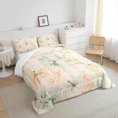 Erosebridal Dragonfly Comforter Set King Animal Bedding Sets Plants Bedding Set Spring Duvet Set,Beige Quilted Duvet Butterfly Girls Women Breathable Bedroom Décorative 3 Piece