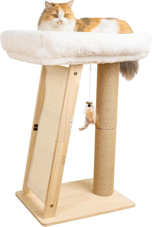 27.5" Cat Scratching Post, 3-in-1 Multifunctional Natural Pine Wood Cat Furniture, Tall Scratch Posts with Perch&Scratcher, Boxed with Hanging Bell Toy, Medium