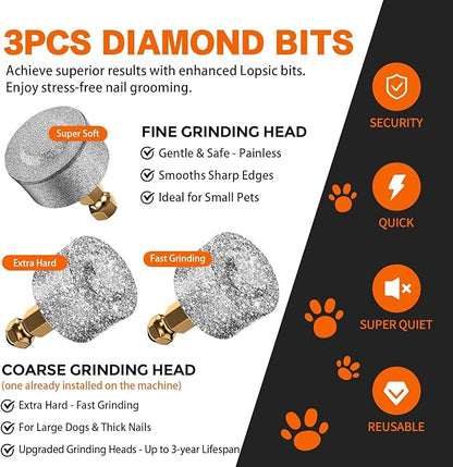 Whisper Quiet Dog Nail Grinder with 4 LED Lights, Safe & Stress-Free for Sensitive Dogs Cats of All Breeds & Sizes, 3 Grinding Bits, 3-Speed, Pet Nail Trimmers, Rechargeable Painless Grooming Kit