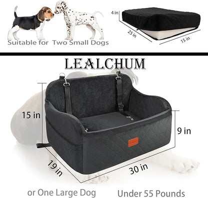 Lealchum Large Dog Car Seat,Memory Foam Cushion Car Seat for 2 Small Dogs,Comfy Car Dog Bed with Side Pocket and 2 Clip-On Safety Leashes,Easy to Install Cars Seat for Dogs(Black, Large)