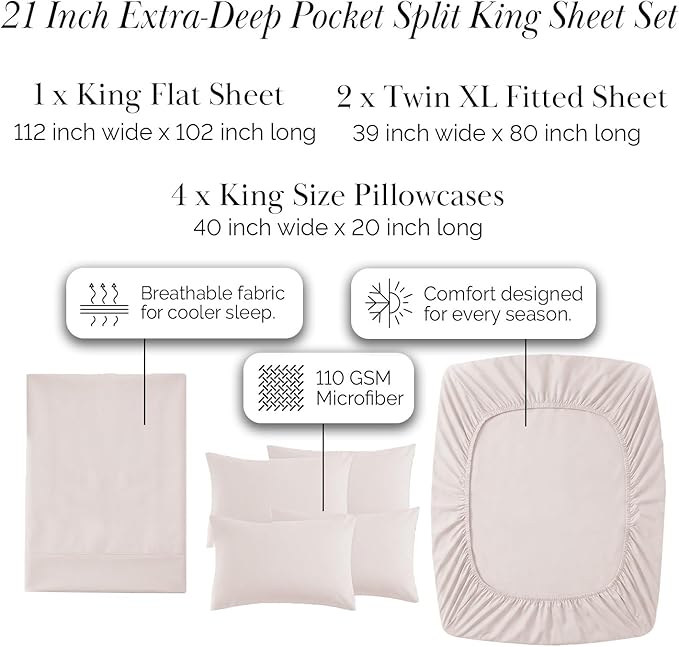 Southshore Fine Living, Inc. 7 Piece, 21 Inch Extra Deep Pocket Split King Bed Sheets Set, Two Deep Fitted King Sheets, Pet Hair Resistant, Oeko-Tex, Oatmeal Shade Split King Sheet Set - Natural Beige