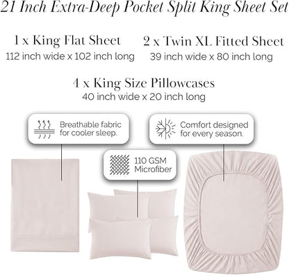 Southshore Fine Living, Inc. 7 Piece, 21 Inch Extra Deep Pocket Split King Bed Sheets Set, Two Deep Fitted King Sheets, Pet Hair Resistant, Oeko-Tex, Oatmeal Shade Split King Sheet Set - Natural Beige