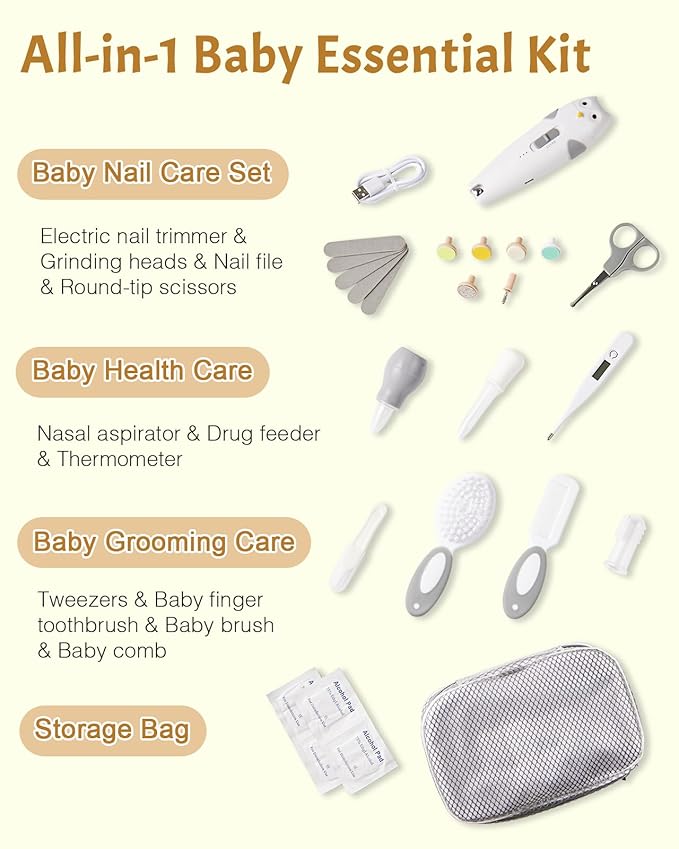 Lictin Baby Healthcare and Grooming Kit, 26 in 1 Rechargeable Nail Trimmer Electric Set,Safe File with Auto Light, Newborn Nursery Health Care Portable Safety Set for Infant Toddlers Boys Girls, Grey