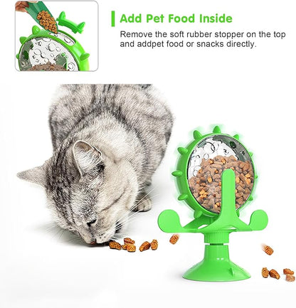 Cat Dog Treat Dispenser Toy - Cat Interactive Feeder Pet Food Toys Feeder 360° Degree Rotating Food Leakage Device Rotate with Strong Suction Cup Money Wheel Shape (Green)